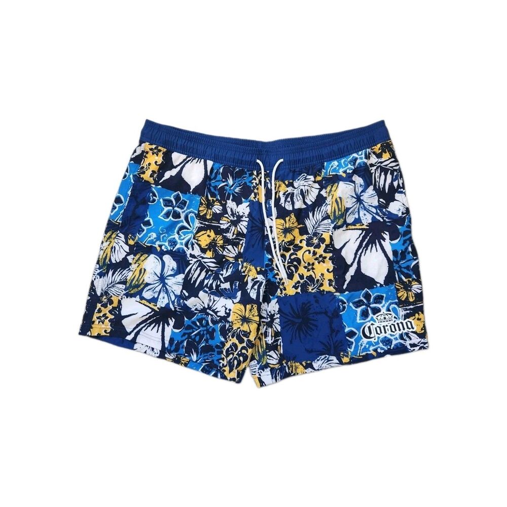 Corona Hawaiian Swim Trunks Blue Yellow Floral Patchwork Mens 2XL Board Shorts